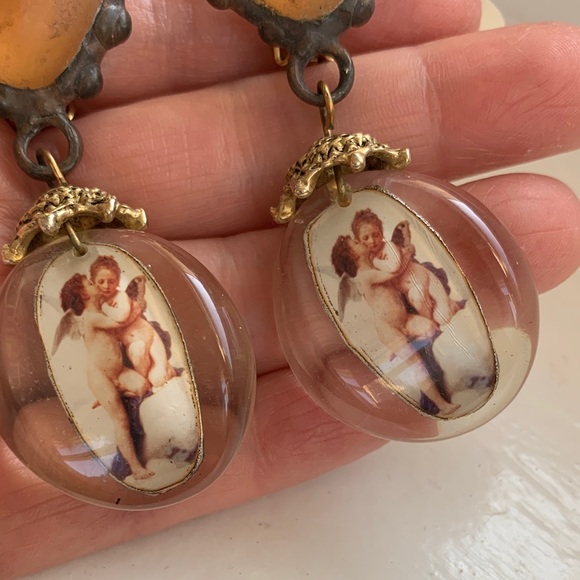 Vintage Lucite 80’s Angel Earrings long big chunky artisan clip on lightweight - Picture 5 of 11